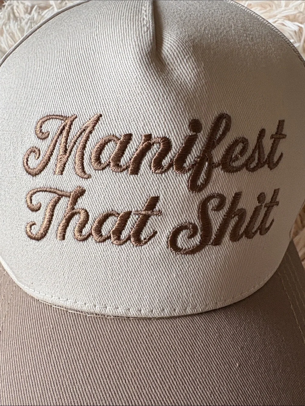 Manifest That Shit Embroidered Trucker Hat - Beige/Tan